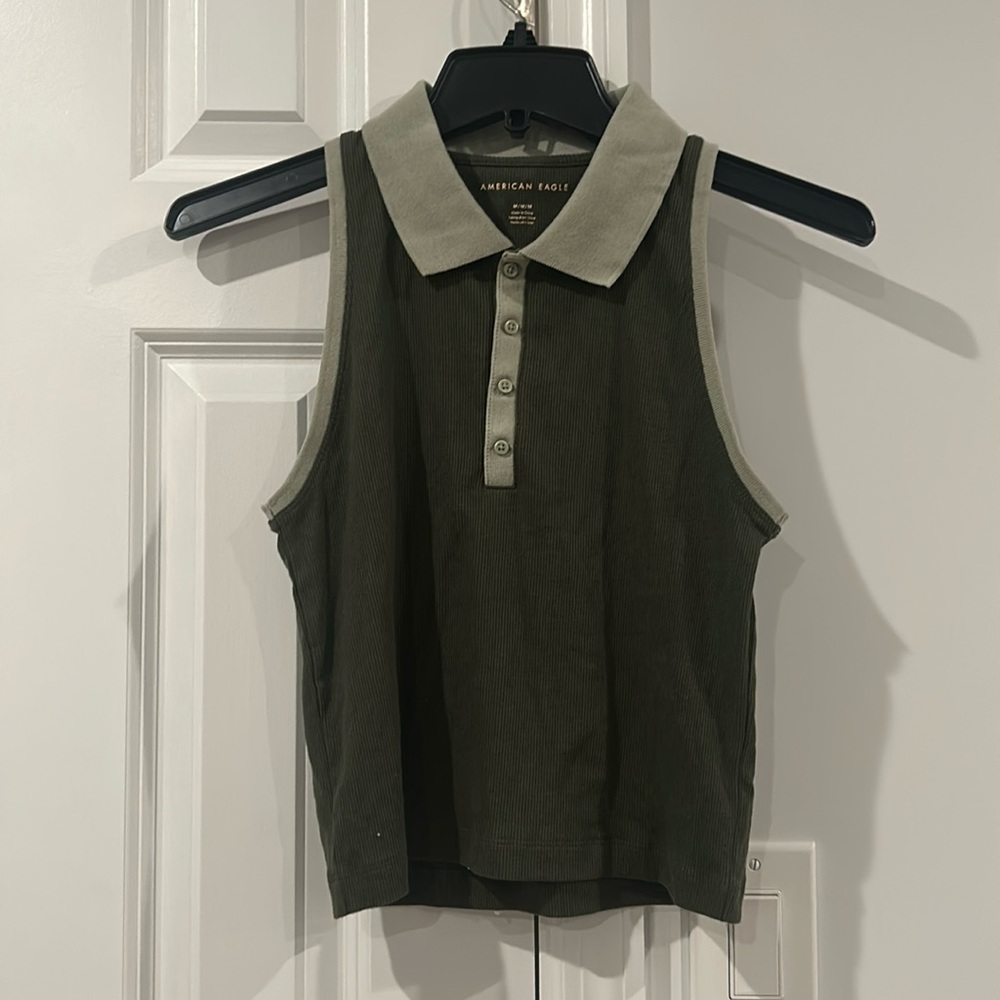 American Eagle Outfitters Olive Green Sleeveless Polo Tank with Light Olive Trim